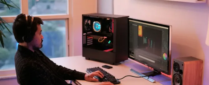 remote team tools: a person sitting at a desk with a computer and speakers