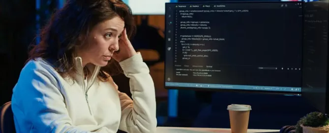Low-Quality Output: Tired woman hurting from too much stress accumulated while coding