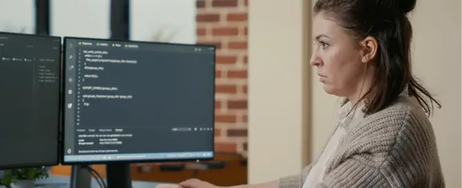legal hurdles: Portrait of focused programer writing code looking at multiple computer screens displaying programing algorithms.