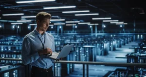 Man with laptop stands in the middle of servers at a data center